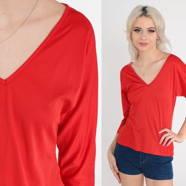 Red V Neck Blouse 70s 3/4 Dolman Sleeve Shirt Plain TShirt Polyester 1970s Blank Casual Shirt Vintage Small Medium 
