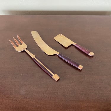 mid-century Danish modern Brass and Rosewood set of 3 large cheese board fork long knife and butcher-style knife 