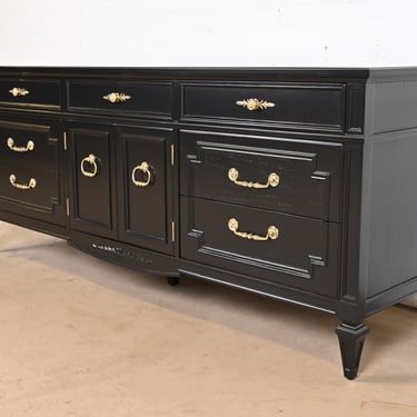 Thomasville French Regency Louis XVI Black Lacquered Dresser or Credenza, Newly Refinished