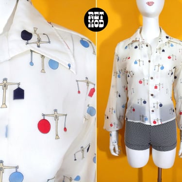 Super Unique Vintage 60s 70s White Blue Red Scale Novelty Print Sheer Long Sleeve Collared Blouse by Kay Cor 