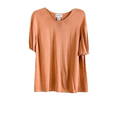 90s Rena Rowan Peach Knit Rayon Lace Trim Blouse 