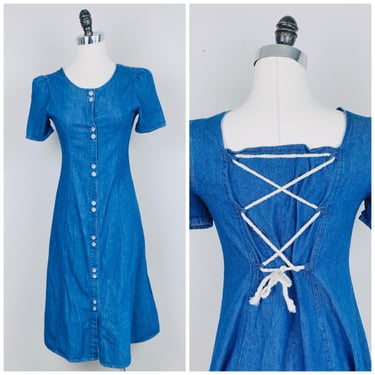 1990s Vintage Christie Brooks Denim Button Dress / 90s / Nienties Lace Up Back Jean Dress / Size Small 