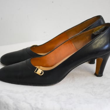 1960s DeLiso Black Leather Heels, Size 7 1/2 AAA 