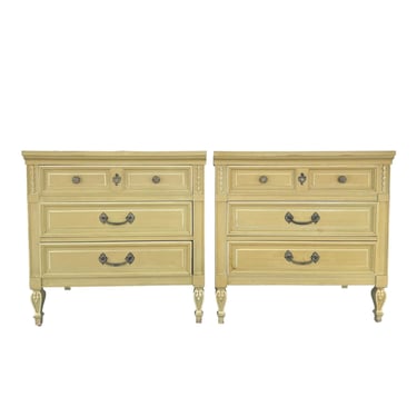 French Country Nightstands 30" Tall by Dixie Furniture - Set of 2 Vintage Yellow Chartreuse Wood Provincial 3 Drawer Chests End Tables Pair 