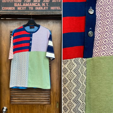 Vintage 1960’s Krazy Colorblock Pop Art Knit Henley Mod Cotton T-Shirt, 60’s Tee Shirt, Vintage Clothing 