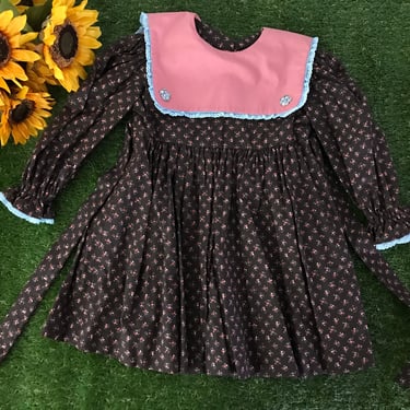 SIZE 3-4T 70s Floral Prairie Girls Dress / Vintage Printed Brown Dress with Square Collar / Toddler Dress 2T-4T 