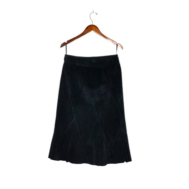 Vintage Black Suede Leather Skirt Midi Black Suede Skirt with Godets Size Medium 