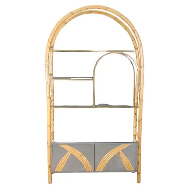 Gabriella Crespi Style Rattan Brass Glass and MIrrored Etagere Display Shelf