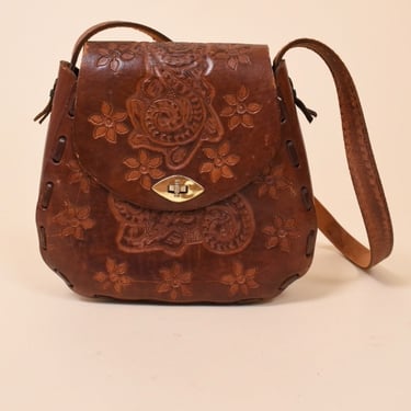 Brown Leather Hand Tooled Shoulder Bag