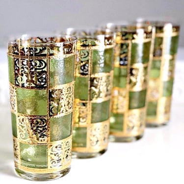 MCM Culver glassware, 4 Highball cocktail glasses in green & gold moroccan style Prado. Ritzy holiday barware gift ideas. 