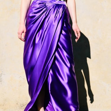 YVES SAINT LAURENT Vintage Draped Satin Purple Maxi Skirt 