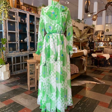 1970s maxi dress, green and white polka dot, sheer chiffon, vintage 70s dress, op art, tie neck, full skirt, statement 