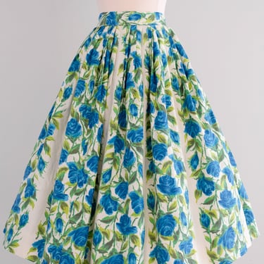 Fabulous 1950's Blue Roses Full Skirt by Orvieto / Sz M