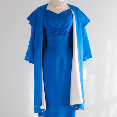 Glamorous 1950's Blue Satin Dress &amp; Matching Swing Coat / Medium