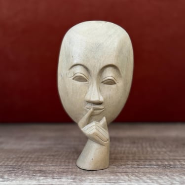 Hand Carved Wooden Shushing Face Design Statue Sculpture Unique Art for Decor or Playroom Decoration 