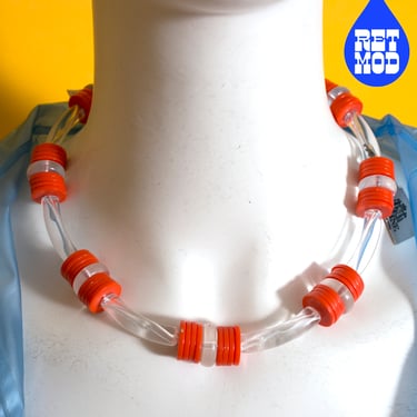 NWOT Vintage 70s 80s Orange & Clear Lucite Beaded Statement Necklace 