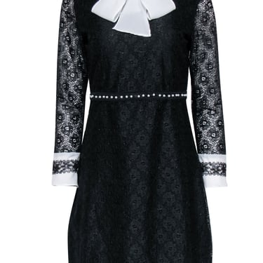 Sandro - Black Floral Lace Dress w/ White Neck Tie & Cuffs Sz L