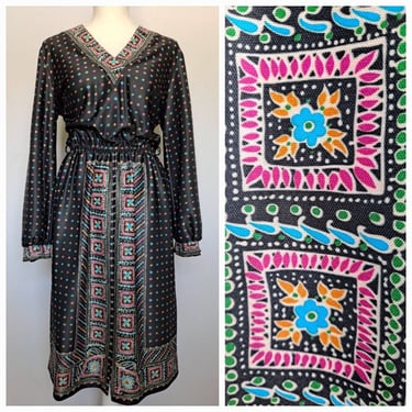 Vintage 1970's Black Boho Print Dress With Bishop Sleeves S/M 