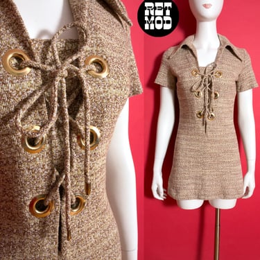 ICONIC Vintage 70s Beige Heather Variegated Lace-Up Mini Dress 