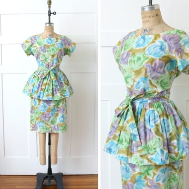 vintage 1950s floral dress • muted blues green & purple cotton peplum belted waist dress 