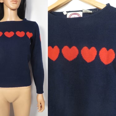 Vintage 70s/80s Navy Blue Heart Print Pullover Sweater Size S/M 