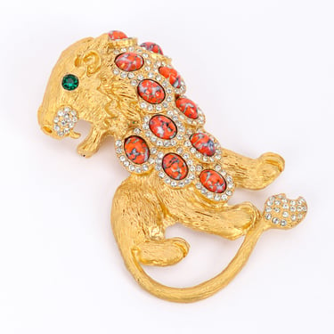Crystal and Stone Lion Brooch