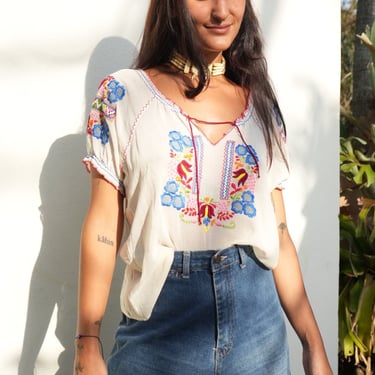 1940's Hungarian Embroidered Peasant Blouse / Colorful Embroidery / Semi Sheer / Penny Lane Blouse 