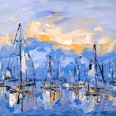 Sailboats in Harbor Landscape - Impressionistic OIL Painting on Board - 8x10 - Light Bright Colors - Oil Paintings - Blue, Soft Yellow Color 