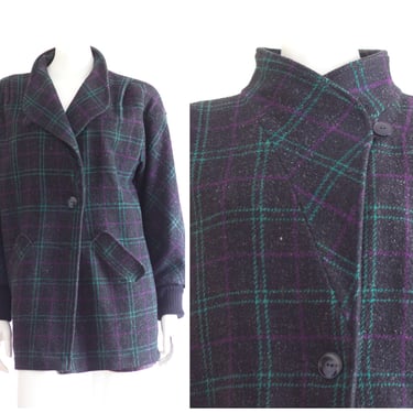 1980s black overcoat with teal and purple check 