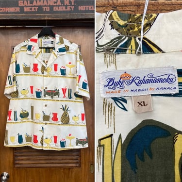 Vintage 1950’s Size XL “Duke Kahanamoku” Cocktail Tiki Drinks Cotton Hawaiian Shirt, Rare Big Size, 50’s Vintage Clothing 