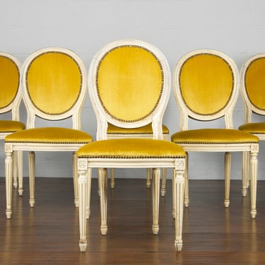 Antique French Louis XVI Style Provincial Painted Mustard Yellow Velvet Dining Chairs - Set of 6 
