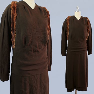 1930s Dress / 30s Chocolate Textured Crepe Fur Trim Dress / L / Unusual Apron Construction 