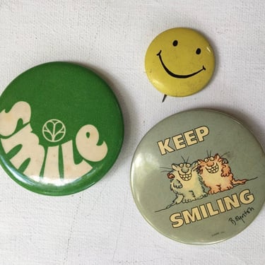 Vintage Smile Pin Backs Set Of 3, Happiness, Smiling, Dentist, A Smile Is Worth A Thousand Words, Smiley Face, Boynton Cats 