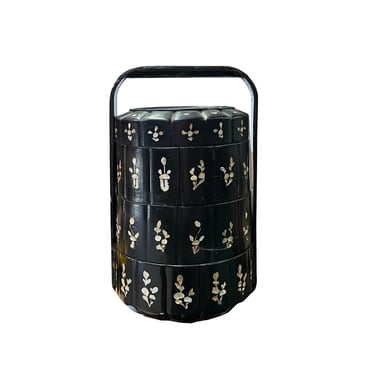 Chinese Vintage Distressed Black Lacquer MOP Inlay Basket ws2218E 
