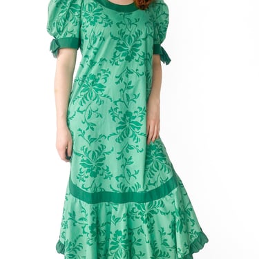 1980s Seafoam Green Tropical Print Dress, sz. M