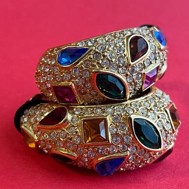 Goossens Paris pavé earrings rainbow jeweled hugger clip ons 