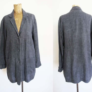 Vintage 90s Gray Linen Chore Coat S - Minimalist Charcoal Button Up Jacket - Ellen Tracy - Mid Length Long Jacket 