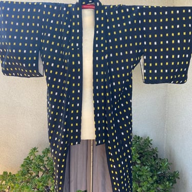 Vintage traditional Japanese Kimono black with yellow white design OS 