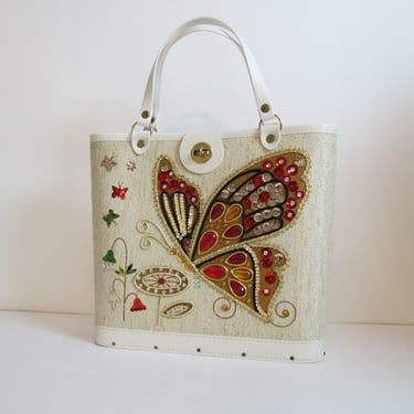 Vintage 1960s handbag jeweled butterfly purse tote top handle wood bottom 