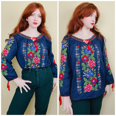 1970s Vintage Cotton Navy Blue Cross Stitch Blouse / 60s Beautiful Blue Floral Embroidered Peasant Shirt / Small - Large 