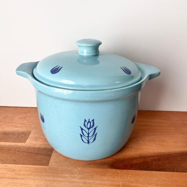 Robin Blue Lidded Crock with Cobalt Tulips. 1960s Cronin Pottery Lidded Pot. Blue Tulip Vintage Cookie Jar. 