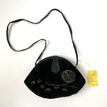 Vintage Purse:  Suede, Black and Gold, Clutch, Flower, 80s 