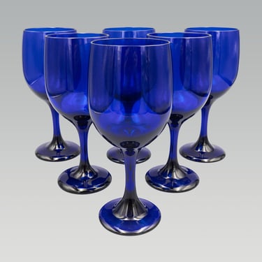 Water Goblets, Libbey Glass Co. Premiere Cobalt Glass, Set of 6 | Vintage Blue Stemware 