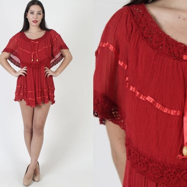 Red Mexican Gauze Micro Mini Dress, Lightweight Thin Cotton Material, Vintage Crochet Lace Christmas Party Top 