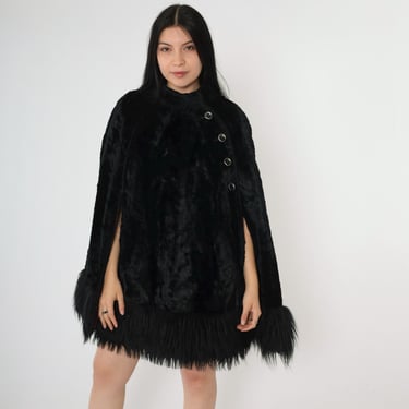 Vintage 60 Faux Fur Cape Coat Black Boho Jacket 1960s Mod Asymmetrical Button Up Hippie 1960s Bohemian Shaggy Small Medium Large 