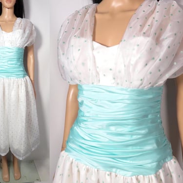 Vintage 80s Tiffany Blue Polka Dot Poofy Formal Prom Dress Size XS/S 