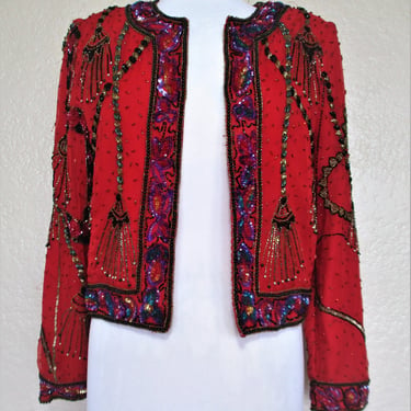 Vintage 80s Laurence Kazar Red Bead Sequin Silk Jacket Women, Medium Women, Party Jacket Women, Tassel Design 