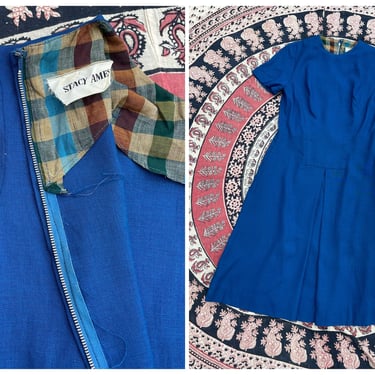 True vintage 1950s Stacy Ames bright blue dress | woven cotton or linen, short sleeve, M 