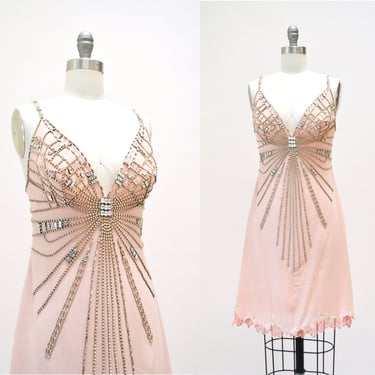 2000s Y2k Vintage Pink Silk Rhinestone Slip Dress XS Small// y2k Vintage Pink Silk Slip Party Dress Rhinestones Pink Silk 2000s Party Dress 