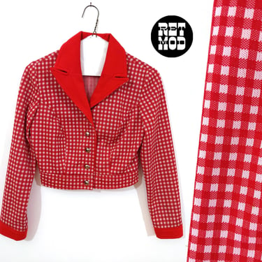 Sassy Vintage 60s 70s Red Gingham Plaid Crop Collared Long Sleeve Top 